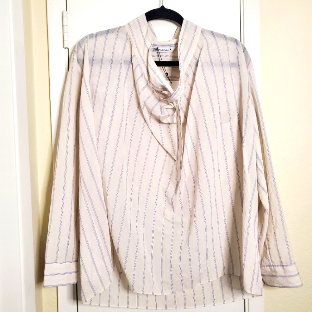 Zara Stripped Long Sleeve Blouse Top Size Small